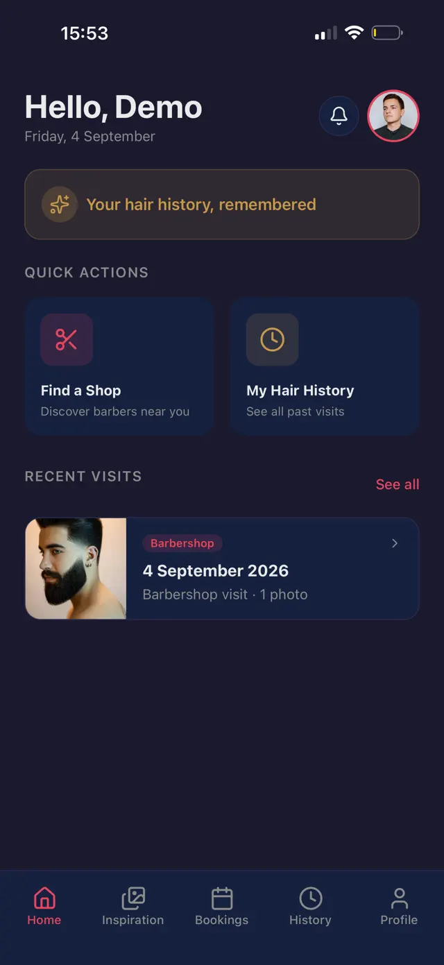 KlippApp home screen with a saved barbershop visit